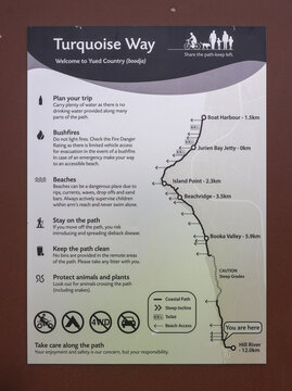 Jurien Bay, Western Australia, Australia - January 14 2024: Hill River estuary, mouth. Turquoise way trail path sign. Walking, running, jogging, cycling. Coast, Wheatbelt region. Fitness, healthy