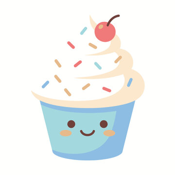 Colorful vector illustration of a smiling cupcake with cream and sprinkles