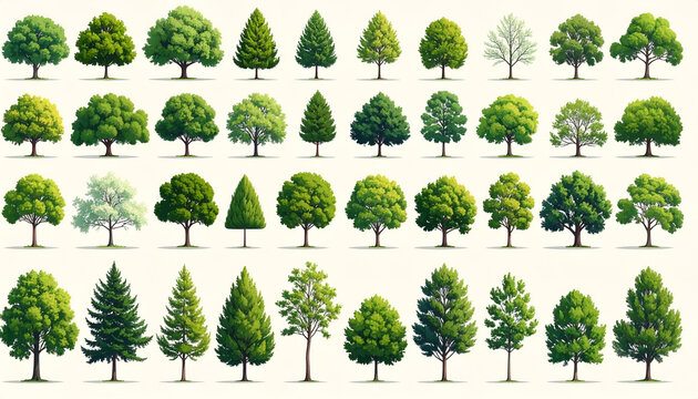 A diverse collection of trees is displayed in a grid pattern against a neutral background.