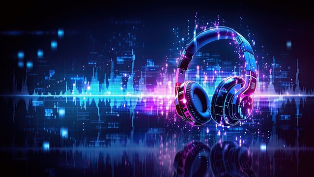 ネオンに輝くヘッドホンと音波のデジタル背景 近未来音楽テクノロジー