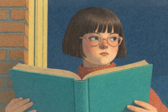 Girl reading large book illustration.