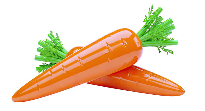 Two glossy carrots with green tops on a white background