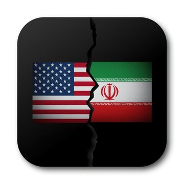 A cracked black square with the flags of the United States and Iran on a white background