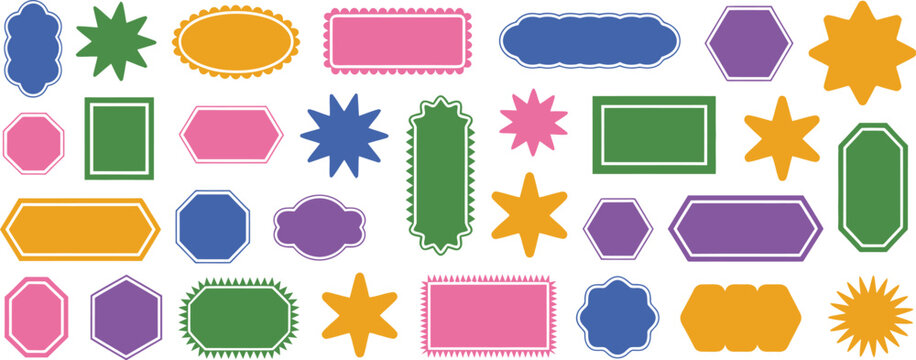 Colorful Geometric Shapes Set with Rectangles, Squares, Circles, and Ovals, Scalloped Borders and Wavy Squiggly Textbox Frames, Decorative UI Elements for Labels, Stickers, and Design Layouts