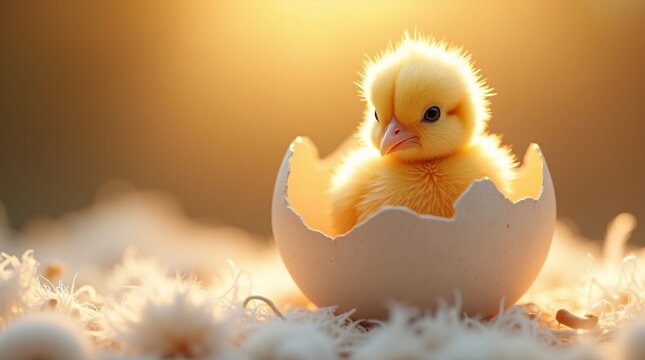 A fluffy yellow newly hatched chick sits inside a cracked eggshell, bathed in warm golden sunlight, resting on soft white down.