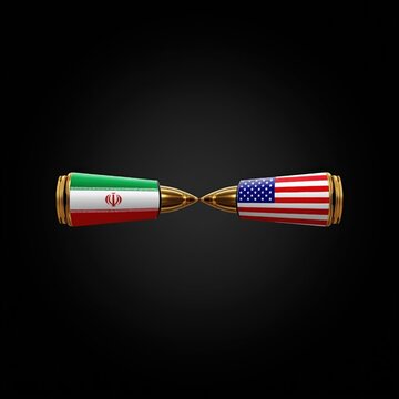 A symbolic image of conflict between Iran and the United States represented by bullets with their flags