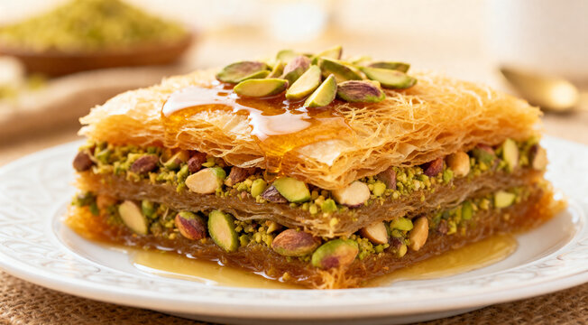 Turkish kunafa dessert with melted cheese and pistachios, drizzled with syrup, close-up food photography