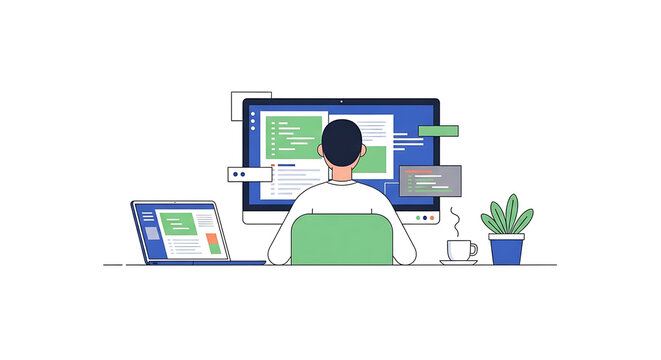 Man sitting at desk with computer and laptop screens displaying code isolated on white background