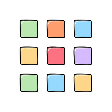 Nine colorful rounded squares arranged in a grid with a simple doodle style