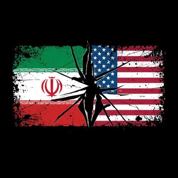 A broken glass effect on the flags of Iran and the United States symbolizing conflict