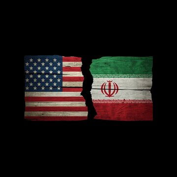 A torn wooden board displaying the flags of the United States and Iran side by side on a black background