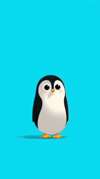 A cute cartoon penguin stands on a bright blue background with its shadow visible