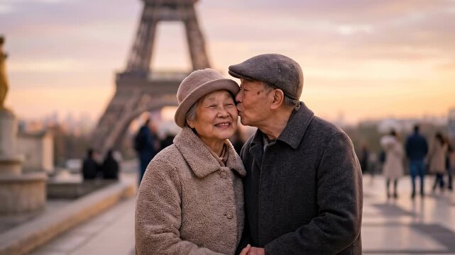 An elderly couple shares a tender moment of affection in front of the Eiffel Tower, enveloped in the soft light of a Parisian evening.