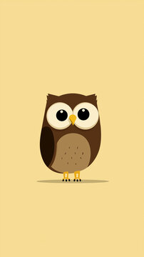 Cute cartoon owl standing and looking forward with big eyes on a yellow background