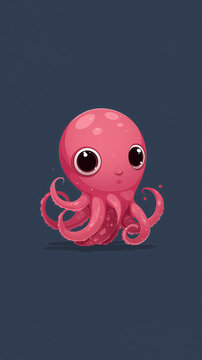 A cute pink cartoon octopus with big eyes smiles and waves its tentacles playfully against a dark background