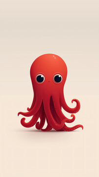 A cute cartoon red octopus with big eyes stands on a light colored background and shows its tentacles