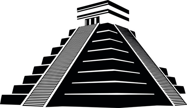 A black and white illustration of a mayan or aztec temple pyramid