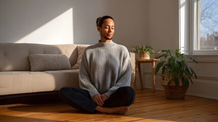 Fototapeta premium A person sits meditating cross legged in a sunlit modern living room surrounded by indoor plants radiating deep peace and calm