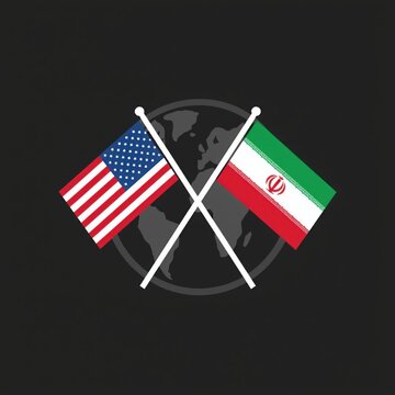 The flags of the United States and Iran crossed over a gray globe on a black background