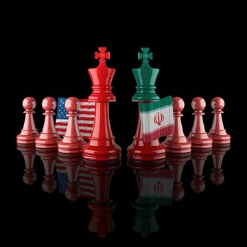 A symbolic representation of the complex relationship between the United States and Iran, depicted through chess pieces