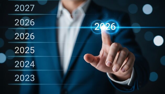 Businessman in blue suit interacting with futuristic timeline interface with glowing blue lines and circles on dark background with bokeh lights