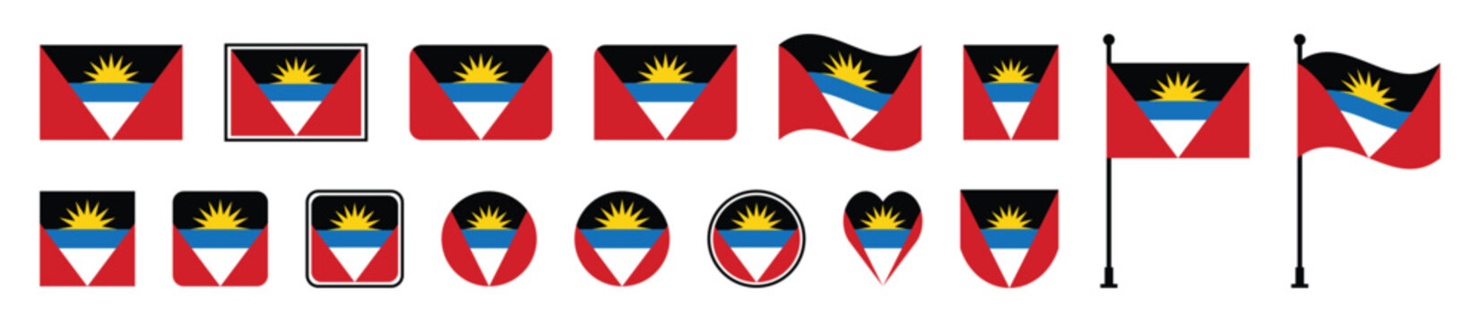 Antigua and Barbuda national flag icons mega set in various shapes and waving designs vector illustration