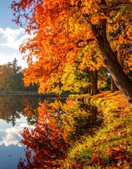 Obraz premium Scenic autumn view of a lake with trees showing vibrant fall colors. The colorful foliage reflects in the water, under a partly cloudy sky