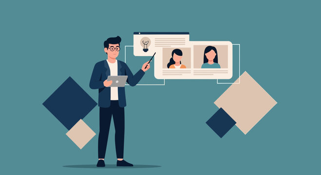 Man presenting online course with video call participants and lightbulb idea icon