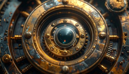 Fototapeta premium intricate mechanical iris opening, brass and steel 