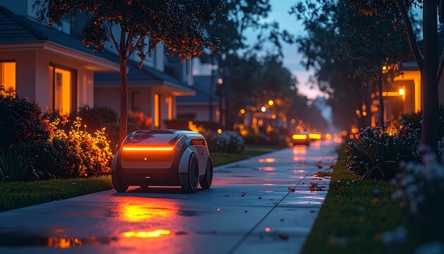autonomous delivery robot moving along a clean suburban sidewalk 
