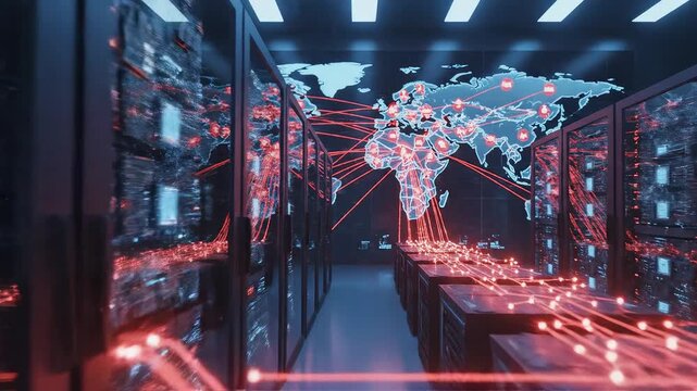 Server room with global network map for corporate presentations, business marketing, and commercial use