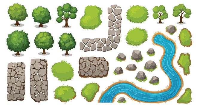 Cartoon landscape elements set, green trees and stone paths, blue river and garden bushes, nature map creator kit in EPS format