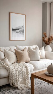 Serene living room with soft white sofa, textured throw blanket, neutral cushions, and minimalist landscape artwork creating a calm, cozy interior design space