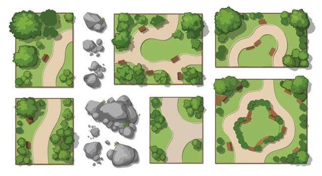 Top view park landscape map tiles, green garden path with trees and benches, 6 modular nature environment assets and stone elements EPS