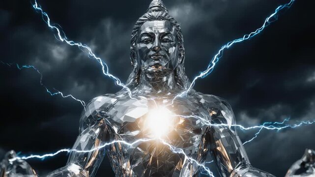 Metallic Lord Shiva Statue with Electric Lightning in Stormy Sky