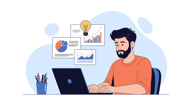 Man working on laptop with business charts and lightbulb, illustrating ideas and strategy