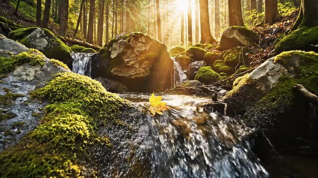 Forest stream with mossy rocks and sunlight for environmental projects, nature documentaries, and commercials