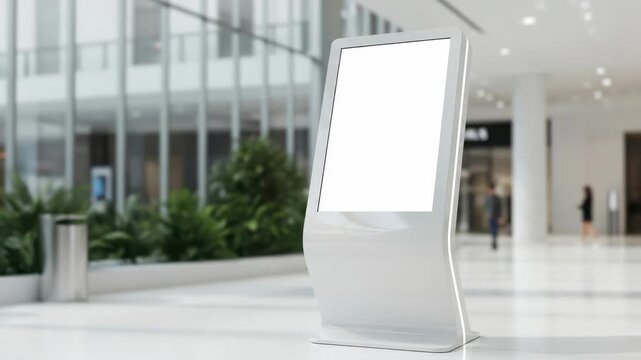Digital kiosk information screen mockup in bright modern shopping mall. Perfect for retail advertising, wayfinding signage, and brand promotion. Easy-to-use professional marketing template