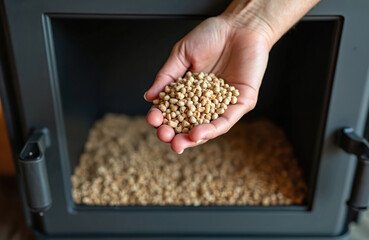 Obraz premium Hand holds wood pellets near modern black pellet stove. Closeup of compressed fuel granules for eco heating system. Renewable energy source for home warmth.