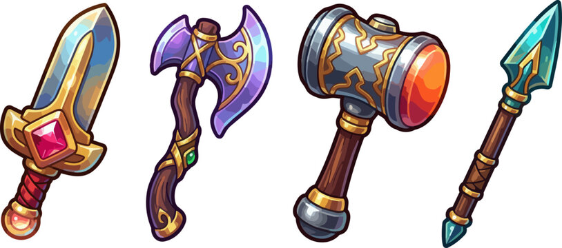 Medieval fantasy weapons on display.