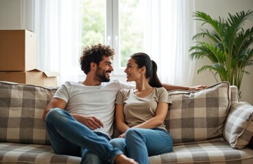 Obraz premium Young couple smiles looking at each other, sitting close on sofa. Man has curly dark hair, woman has ponytail. Boxes and plant nearby indicate moving into new home.