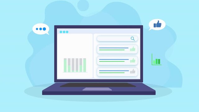 Animated video of a laptop displaying analytics dashboard with data charts, checklist, progress bars, and feedback icons. Represents business monitoring, performance tracking, and digital reporting sy