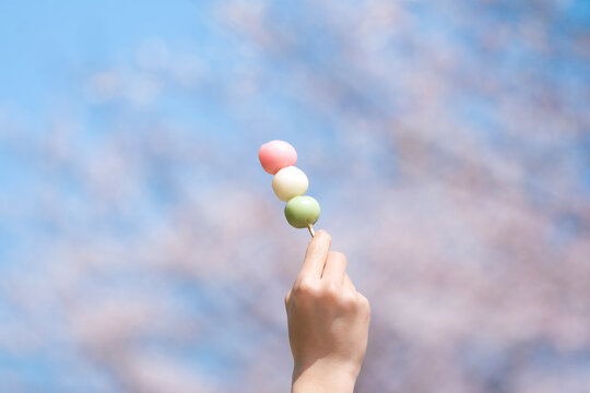 桜を背景に三色団子を持つ, 日本の花見のイメージ