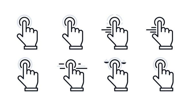 A set of hand icons pointing and clicking with fingers on a screen