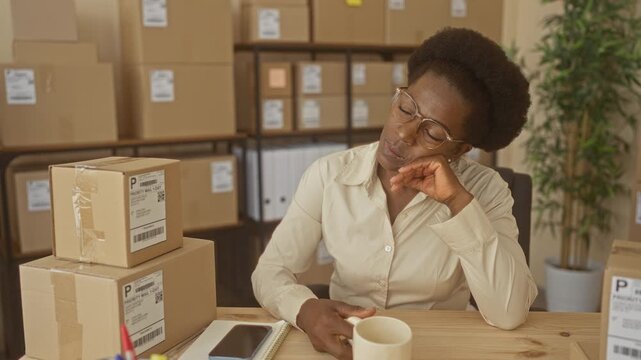 Woman rests chin on hand beside stacked cardboard boxes and coffee cup in a building; quiet contemplation.
