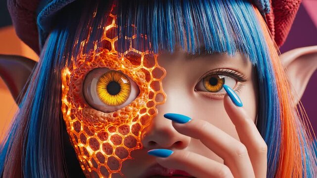 Futuristic fantasy character with glowing eye for commercial backgrounds, digital design, and advertising