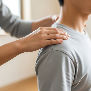 A person's hands gently massaging the shoulder and neck of another person, conveying comfort and care.