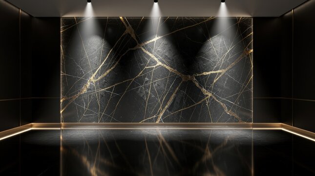 A sleek, modern black marble wall with gold veining is spotlighted in a minimalist, dark room, reflecting on the glossy floor below.