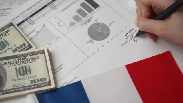 Strategic CFO signs detailed financial record for international French firm then applies purple approved seal finalizing leadership accord.