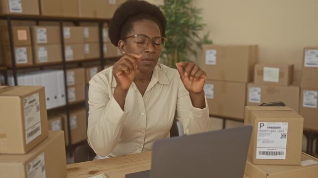 Woman removes glasses rubbing eyes at warehouse desk with shipping boxes and laptop; fatigue resilience entrepreneurship.